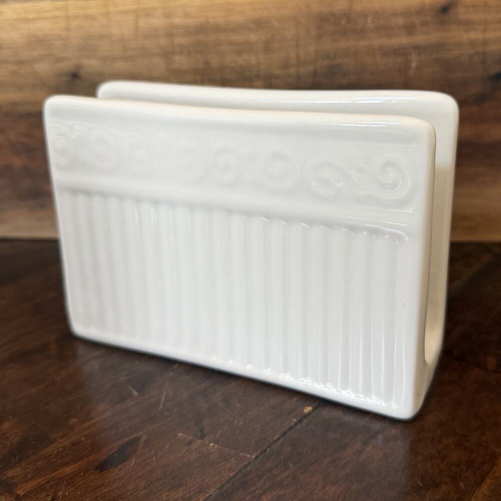Vintage Gibson Claremont White Ceramic Napkin Holder Ribbed Embossed Scroll